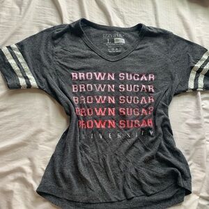 Gray V-Neck T-Shirt with Pink and White Stripes